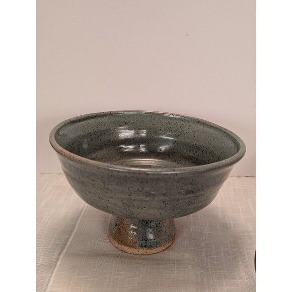 Handcrafted Studio Pottery Blue Gray Glaze Speckled Pedestal Bowl 7" Signed JW - Picture 11 of 11